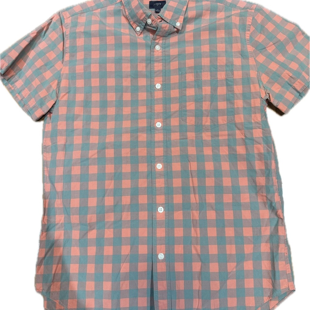 Men's Checkered Short Sleeve Shirt J Crew 100% Cotton Spring Salmon